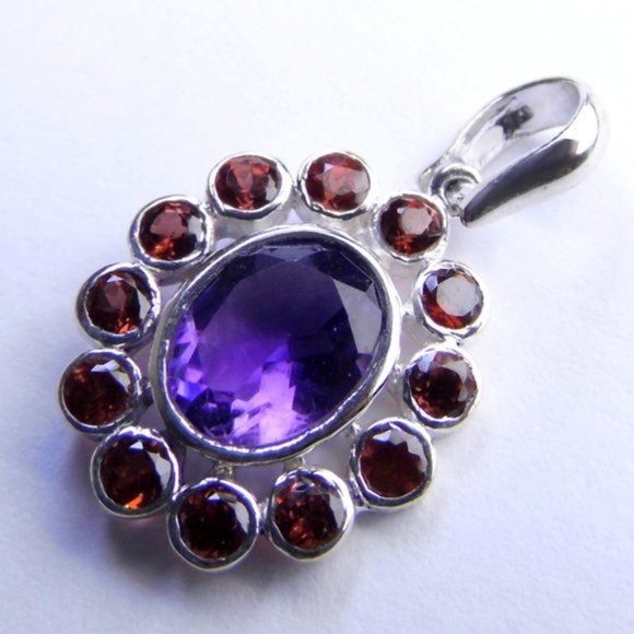Amethyst & Garnet Sterling SILVER Pendant Plus Free Silver Chain - Picture 2 of 5
